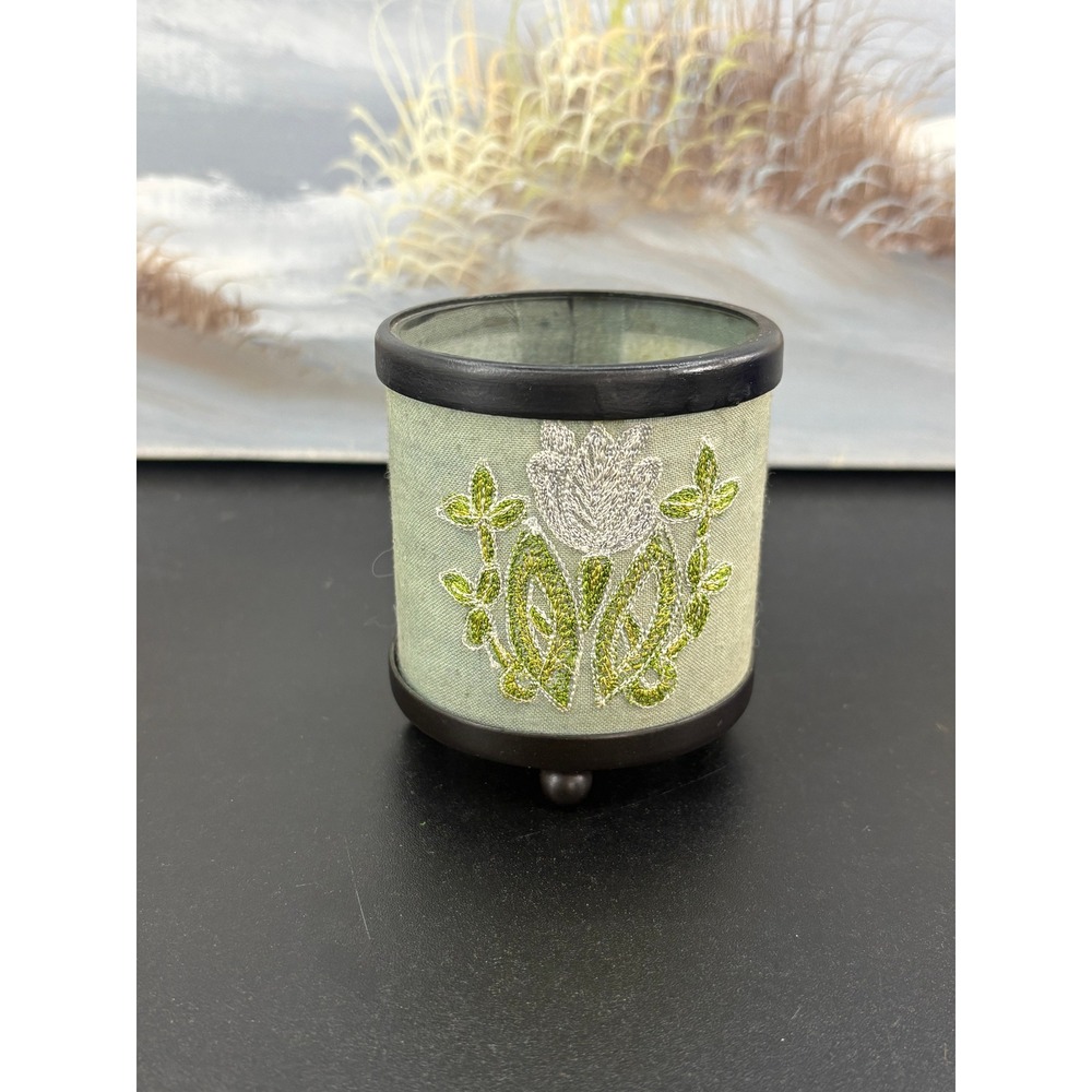 Vintage Embroidered Floral Votive Candle Holder Sage Green Fabric Glass Insert